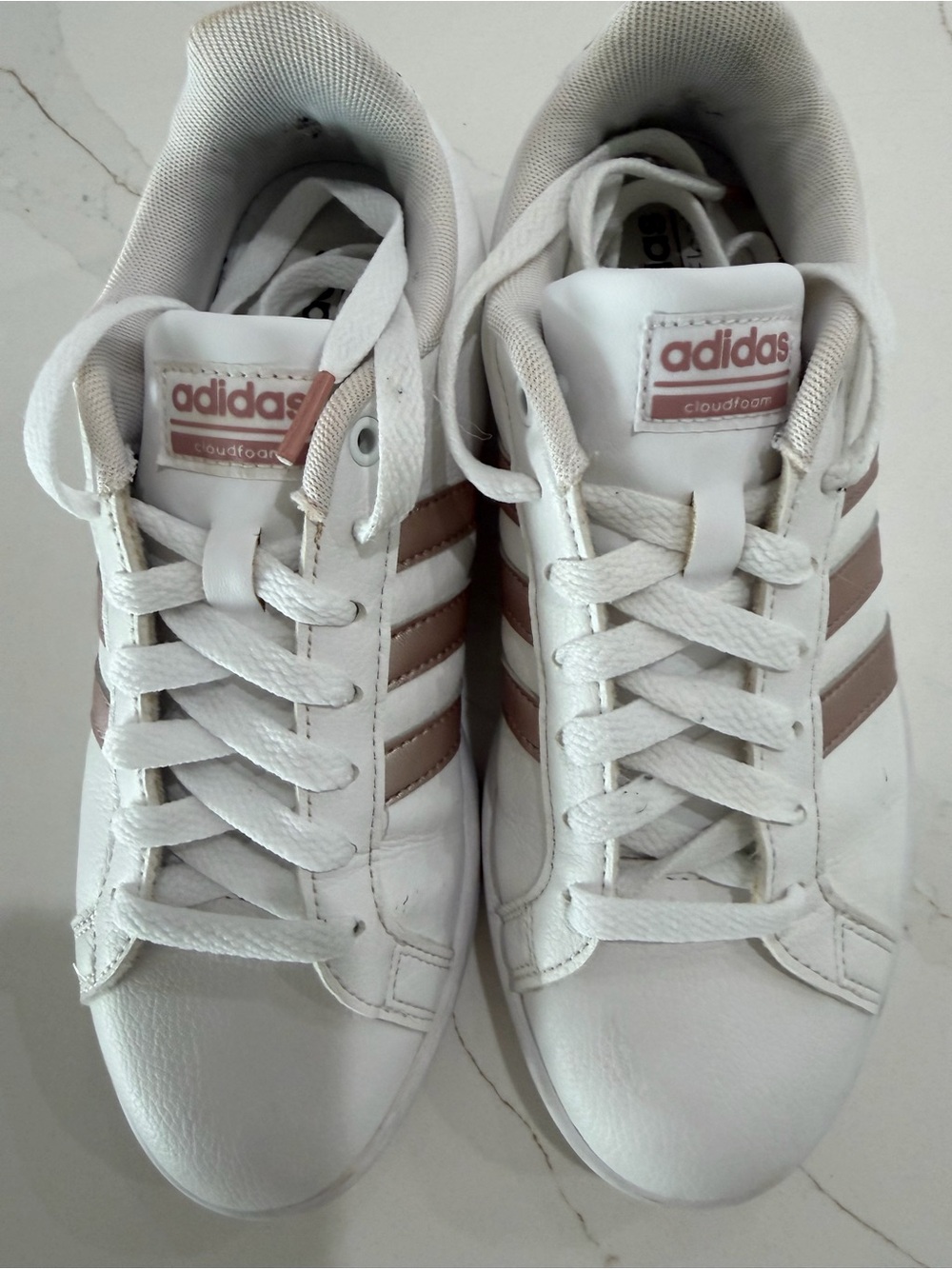 Adidas  White Sneakers with Rose Gold Pink Stripes